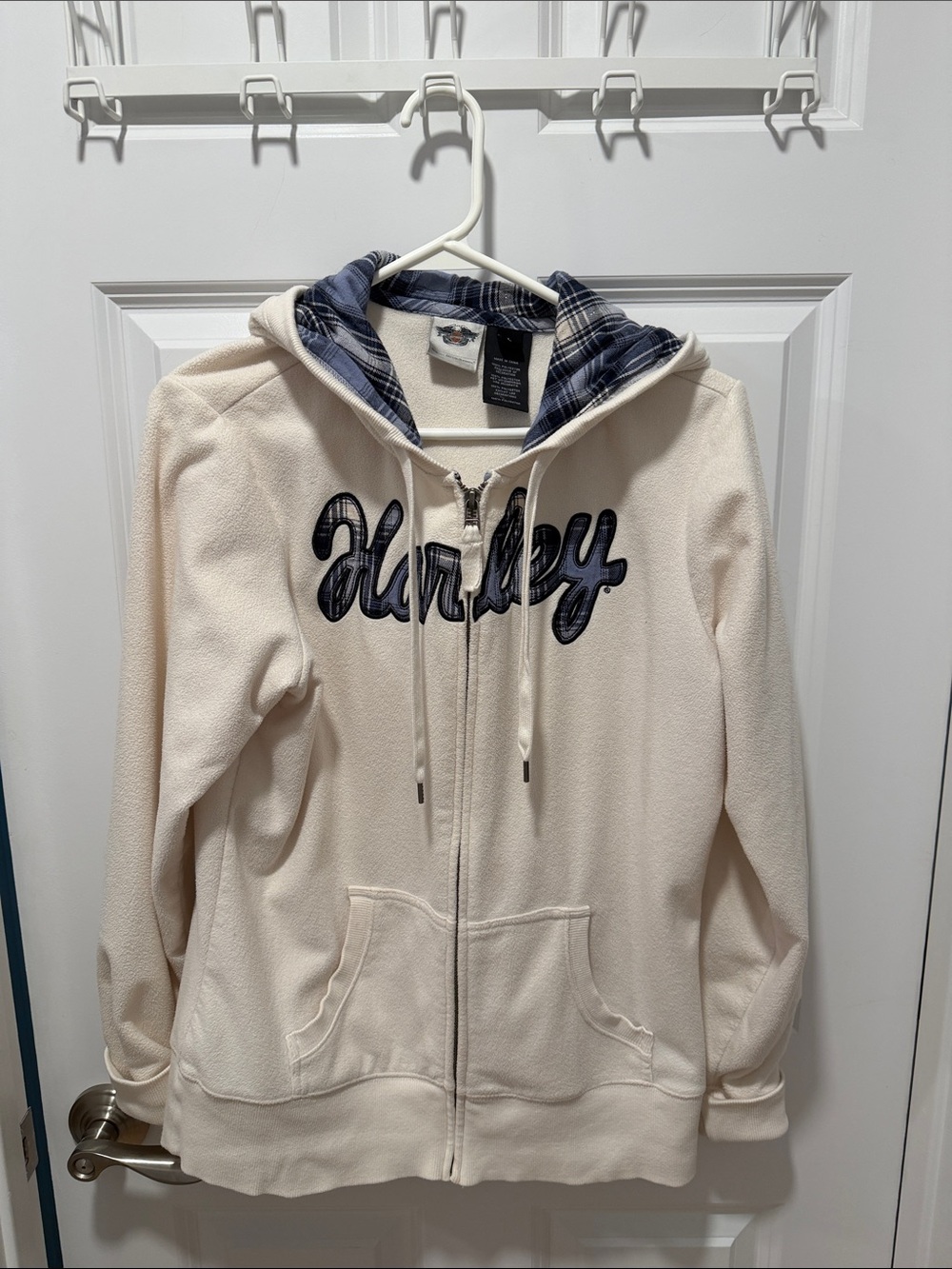 Harley Davidson Cream Zip Hoodie sweatshirt with Navy Plaid Hood Lining